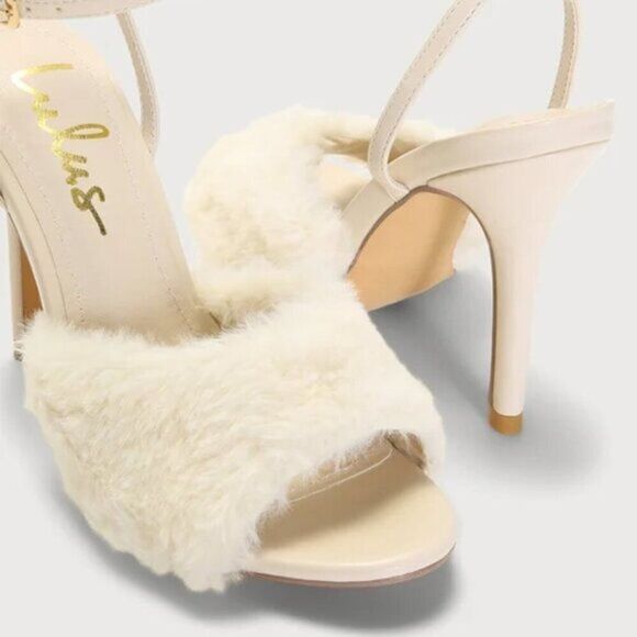 Lulu's Heeled Sandals Stilletto Women's Ivory Soft Faux Fur Ankle Strap Size7 - Picture 6 of 6